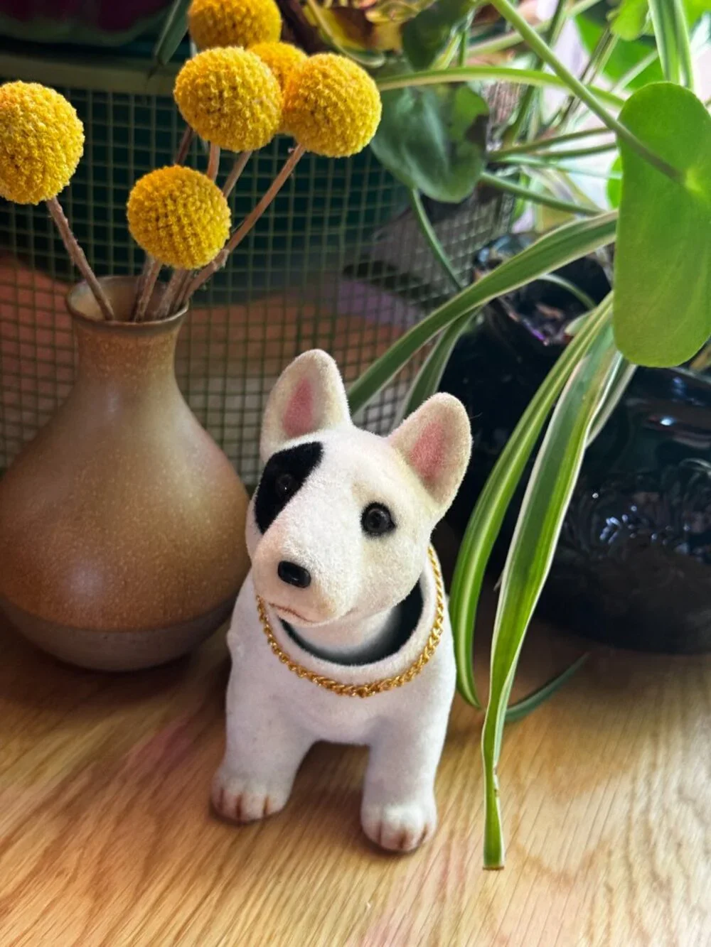 English Bull Terrier Nodder Bobble Dog Flocked Figurine, Vintage Circa 1980-90s
